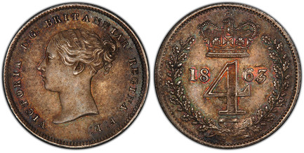 1052341 GREAT BRITAIN. Victoria. (Queen, 1837-1901). 1863 AR 4-Piece Maundy Set. PCGS PL64-PL66.  Young head left / Crowned denomination within laurel wreath. SCBC-3916; ESC-3511.

Grades as follows: PCGS PL64 (Fourpence); PCGS PL65 (Threepence); ...
