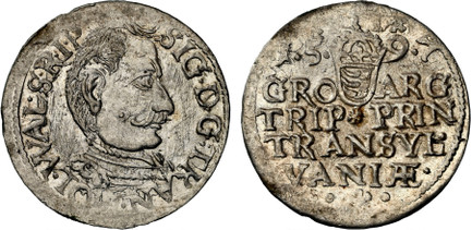 1083618 HUNGARY. Transylvania. Sigismund Báthori. (Prince of Transylvania, 1586-1602). 1597 AR 3 Groszy (Trojak). NGC MS65.  SIG • D • G • TRAN •... Bust, right / GRO-ARG/ TRIP • PRIN/ TRANSYL•/ VANIAE•/ • (rosette) •. Shield of arms divides date ...