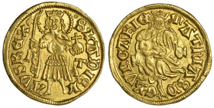 1083321 HUNGARY. Matthias Corvinus. (King, 1458-1490). 1458-90 (ND)-h - t AV Goldgulden. NGC MS64.  Nagybanya mint. 3.57gm. (annulet) S (annulet)  LADISLAVS  RЄX. Crowned standing figure of Ladislaus, with cloak, long-stemmed halberd, and orb with...