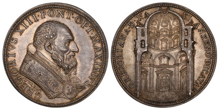 1083537 ITALIAN STATES. Papal States. Gregory XIII. (Pontiff, 1572-1585). (1583) ND AR Medal. NGC MS62.  By G. Bonzagni (a.k.a., Fedorico Parmense). Rome. 39mm. 27.69gm. GREGORIVS XIII · PONT · OPT · MAXIMVS. Bust wearing clerical vestments, right...