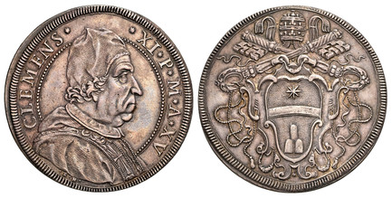 1082857 ITALIAN STATES. Papal States. Clement XI. (Pontiff, 1700-1721). (1715)-XV AR Piastra, Scudo of 80 Bolognini. NGC AU55.  C L E M E N S * * X I * P * M * A * X V. Capped bust, right; signed below truncation •E•H• / Papal arms. KM 763; Dav.-1...