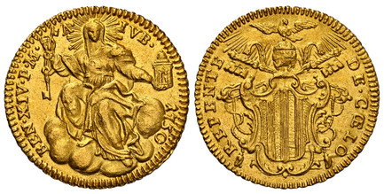 1082778 ITALIAN STATES. Papal States. Benedict XIV. 1750 AV Zecchino. NGC MS65.  BEN · XIV · P · M · A · IVB. Radiant Holy Mother Church, seated / REPENTE DE CAELO. Radiant dove above Papal arms. KM 971; Fr.-231; Munt.-18.

Holy Year issue. Curren...