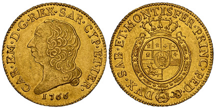 1082859 ITALIAN STATES. Sardinia. Carlo Emanuele III. 1766 AV Doppia. NGC AU58.  Torino. CAR · EM · D · G · REX · SAR · CYP · ET · IER ·. Head to left, date below / DVX · SAB · ET · MONTISFER · PRINC · PED · & ·. Crowned oval shield of 4-fold arms...