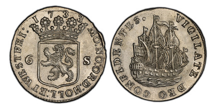 1080747 NETHERLANDS. Holland. 1733 AR 6 Stuivers, Scheepjesschelling. PCGS MS64.  MO: NO: ORD: HOLL: ET WESTFRI:. Crowned arms of Holland divides value, date above / VIGILATE DEO CONFIDENTES ·. Sailing ship. KM 45; Purmer/van der Wiel Ho 74; CNM 2...
