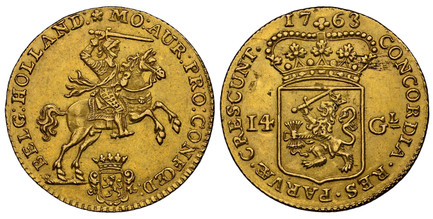 1083103 NETHERLANDS. Holland. 1763-(rose) AV 14 Gulden. NGC AU58.  Edge: Reeded. BELG : HOLLAND : MO : AUR : PRO : CONFOED :. Armored Knight on horse above crowned shield / CONCORDIA · RES · PARVÆ · CRESCUNT ·. Crowned arms of Holland divides valu...