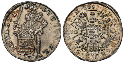 1083108 NETHERLANDS. Zeeland. 1687-(Tower) AR 2 Daalders, 60 Stuiver - 10 Schelling, Escalins. NGC MS62.  LUCTOR ET EMERGO (mm). Standing knight with raised sword and provincial arms of Zeeland below at left / (date) * MO: NO: AUR: ORDIN: ZEELANDI...