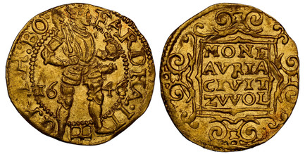 1083115 NETHERLANDS. Zwolle. 1646 AV Ducat. NGC MS61.  3.46gm. FARDNA II - G R I H BO. Standing emperor with scepter and orb dividing date / MONE/ AVRIA/ CIVIT/ ZWOL. 4-line inscription in tablet. KM 34; Delmonte 1133; CNM 2.52.25; HPM Zw10.

With...