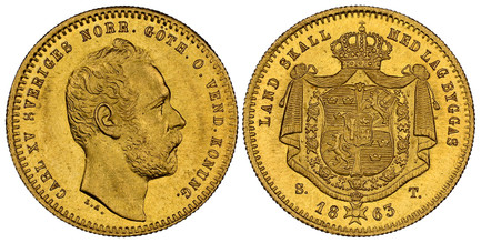 1074200 SWEDEN. Carl XV Adolf. 1863 ST (Mintmaster Sebastian Tham) AV Ducat. NGC MS66.  Stockholm mint. CARL XV SVERIGES... Head right / Crowned mantled arms. KM 709.

Please use this link to verify the NGC certification number <a href="https://ww...