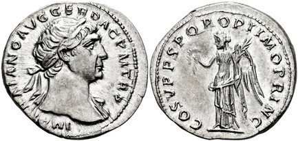 1083629 ROMAN IMPERIAL.  Trajan. (Emperor, 98-117 AD). Struck 98-117 AD. AR Denarius. NGC AU (About Uncirculated) Strike 5/5 Surface 4/5.  Rome. 3.39gm. IMP TRAIANO AVG GER DAC P M TR P. Laureate and draped bust right / COS V P P S P Q R OPTIMO PR...