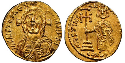 1084057 BYZANTINE.  Justinian II. (Emperor, first reign, 685-695 AD). AV Solidus. NGC Ch. AU (Choice About Uncirculated) Strike 4/5 Surface 4/5.  Constantinople. d N IhS ChS REX RGNANTIXM. Facing bust of Christ Pantokrator; raising hand in benedic...