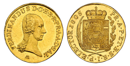 1083415 AUSTRIAN STATES. Salzburg. Ferdinand. 1803 M AV Ducat. NGC MS62.  By Franz Matzenkopf. 3.48gm. Head right / Crowned and mantled arms. KM 487; Friedberg 889; Zöttl 3405.

Fully prooflike surfaces ((not noted on insert)

Please use this link...