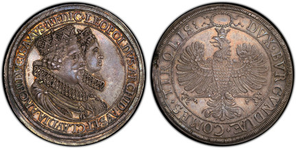 1083817 AUSTRIA. Leopold V. (Archduke, 1586-1632). (1626) AR 2 Thaler. PCGS MS62+.  Hall (Tyrol). LEOPOLDVS • ARCHID • AVS • ET • CLAVDIA • ARCHIDVCISA • AVS • MEDIC. Conjoined busts of Leopold and Claudia, right / DVX • BVRGVNDIAE • COMES • TIROL...