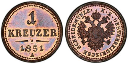 1079673 AUSTRIA. Franz Joseph I. (Emperor, 1848-1916). 1851-A CU Kreuzer. PCGS PR66RB (Red-Brown).  Vienna. 4.48gm. Crowned imperial double eagle / Denomination. KM 2185; Jaeger 286.

Extremely rare in this quality.

Please use this link to verify...