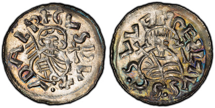 1082832 BOHEMIA. Oldrich. (King, 1012-1033). c.1034 (ND) AR Denar. PCGS MS62.  •VDALRICVSDV+. Facing haloed figure / SVVENCESLAVS:SC•. Facing haloed figure. Cach 293.

Please use this link to verify the PCGS certification number <a href="http://ww...