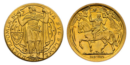 1083417 CZECHOSLOVAKIA. Republic. (1918-1939). 1929 (1973) AV Restrike Ducat. NGC MS67.  Kremnitz. Full-length standing figure facing left, heraldic shield to left; date (R 1973) below / Rider and horse advancing, left, one hoof riased, angels abo...