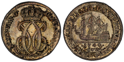 1084219 DANISH WEST INDIES. 1740 AR 12 Skilling. PCGS AU53.  Crowned double C6 monogram / Ship within inner circle. KM 4.

Please use this link to verify the PCGS certification number <a href="http://www.pcgs.com/cert/59823996/">59823996</a>