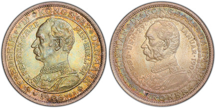 1084325 DENMARK. Frederik VIII. 1906 VBP GJ Silver 2 Kroner. PCGS MS66.  Armored bust left with titles, motto, date, initials VBP / Bust left with titles, date of death, value, initials GJ. KM 803.

Death of Christian IX and Accession of Frederik ...