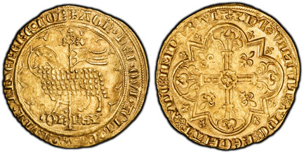1082957 FRANCE. Jean II Le Bon. (King, 1350-1364). (1350-64) AV Mouton d'Or. PCGS AU58.  4.63gm. AGN DEI QVI TOLL PCCA MVDI MISERERE NOB. Lamb and cruciform staff with flying banner / XPC VINCIT XPC REGNAT XPC IMPERAT. Floriated cross in quadrilob...