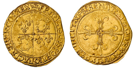 1084001 FRANCE. Francois I. (King, 1515-47). (1515-47)-Flower AV Ecu d'or au soleil du Dauphine . NGC MS63.  Lyon. 3.42gm. Crowned cross fleurée; a lis at the end of each branch / Cross fleurée quartered arms. Fr.-354.
Currently the finest known a...