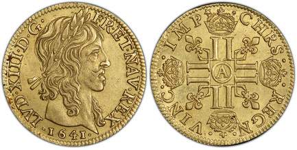 1083501 FRANCE. Louis XIII. 1641-A AV Louis d'Or. PCGS AU58.  Paris. 24mm. LVD. XIII D. G. - FR. ET. NAV. REX. Laureate head with long curl / · CHRS ·  · REGN ·  · VINC ·  · IMP ·. Crowned cross formed from double LLs; a lis in each quarter. KM 10...