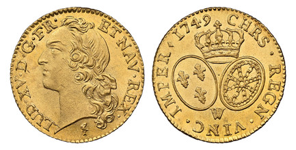 1083407 FRANCE. Louis XV. (King, 1715-1774). 1749-W AV Louis d'Or. NGC MS65.  Lille. LUD · XV · D · G · FR · ET NAV · REX ·. Head left / CHRS · REGN · VINC · IMPER ·. Crown above arms of France and Navarre. KM 513.22; Gadoury 341; Friedberg 464.
C...