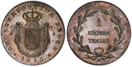 1084163 GERMAN STATES. Baden. Karl Ludwig Friedrich. 1815-D AR Thaler, Krone. PCGS MS65+.  Mannheim Mint. GROSHERZOGTHUM BADEN. Crowned and mantled shield / Without mintmaster's initial. KM 169; Jaeger 21.

Please use this link to verify the PCGS ...