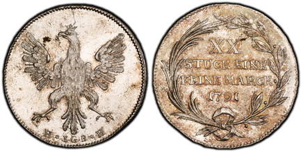1083593 GERMAN STATES. Frankfurt Am Main. 1791 AR 1/2 Thaler. PCGS MS64.  Crowned eagle / Value and date within wreath of palm and laurel branches. KM 280.

Please use this link to verify the PCGS certification number <a href="http://www.pcgs.com/...