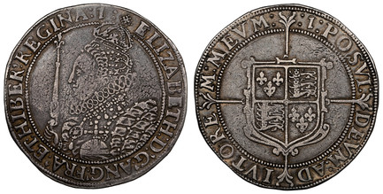 1082063 GREAT BRITAIN. England. Elizabeth I. (Queen, 1533-1603). (1601-02)-(1) AR Crown. NGC XF40.  London (Tower) Mint. 29.87gm. Crowned bust, left holding scepter and orb / Square topped quartered shield over long floriated cross. SCBC-2582; Da...