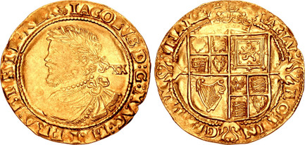 1084081 GREAT BRITAIN. England. James I. (King, 1603-1625.). (1619-25)-(Thistle) Spink 125. AV Laurel. NGC AU53.  Third laureate armored bust of James I left, value XX in field / Long cross over square shield. . SCBC-2638A; North 2113; Schneider –...