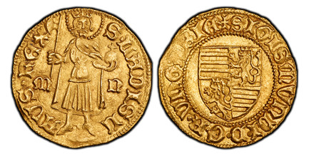 1082811 HUNGARY. Sigismund of Luxembourg, Hungary. (Holy Roman Emperor, 1433–1437). (1387-1437)-M - N AV Goldgulden. PCGS MS63.  Nagybánya (Baia Mare). 3.59gm. + SIGISMVҺDI • D • G • R • VҺGARIЄ •. Shield of arms within beaded ring, legend around ...