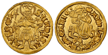 1083536 HUNGARY. Matthias Corvinus. (King, 1458-1490). (1458-90)-h T AV Goldgulden. NGC MS64.  Hermannstadt Mint. 3.55gm. Crowned standing figure of Ladislaus, with cloak, long-stemmed halberd, and orb with cross; laterally in the fields the lette...