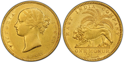 1084173 INDIA-BRITISH. Victoria. (Queen, 1837-1901). 1841-(c) AV Mohur. PCGS AU55.  Calcutta. VICTORIA QUEEN. Head left; W.W. incuse on truncation, large legend and large date with crosslet 4 / EAST INDIA COMPANY. Palm tree, lion walking left. KM-...