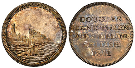 1080624 ISLE OF MAN. The Bank of Douglas Co. 1811 AR Shilling. NGC MS62.  Edge: Obliquely milled. 3.04gm. Sailboat, city view within circle / DOUGLAS BANKTOKEN ONE SHILLING BRITISH 1811. Inscription, date. KM Tn12; Pridmore 48a; Davis 6; cf. South...