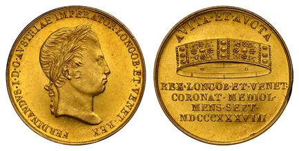 1079808 ITALIAN STATES. Milan. Ferdinand I. MDCCCXXXVIII (1838) AV Coronation Medal of 1.5 Ducats Weight. NGC MS64.  5.24gm. FERDINANDVS: D G AVSTRIAE IMPERATOR LONGOB ET VENET REX. Laureate head, right / AVITA ET AVCTA. Iron crown above 4-line in...