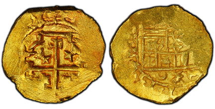 1084141 MEXICO. Philip V. 1713-Mo J AV Escudo. PCGS MS62.  Mexico City. 3.39gm. PHILIPVS V DEI G. Legend and date around crowned arms / Lions and castles in angles of cross, legend around. KM 51.1; Fr.-7C; Calico 509.

Cob Coinage. Full date visib...