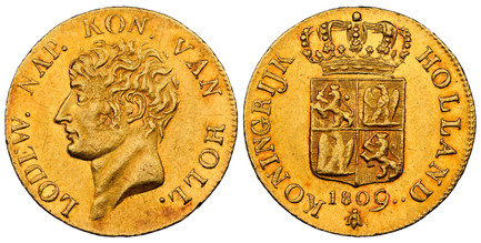1083364 NETHERLANDS. 1809-(bee) AV Ducat. NGC MS62.  Utrecht mint. LODEW. NAP. KON. VAN HOLL. Head left / KONINGRIJK  HOLLAND. Crowned 4-fold arms, date below. KM 38; Delmonte 1180; V&S 1694.

Please use this link to verify the NGC certification n...