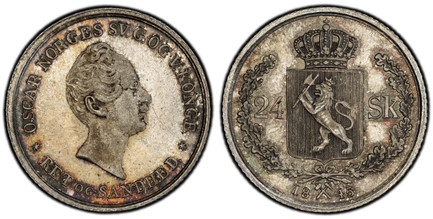 1082948 NORWAY. 1845 AR 24 Skilling. PCGS MS65.  OSCAR NORGES... Head right / Crowned arms divides value within wreath, crossed hammers divides date below. KM 315.1; NM-15.

Standard Coinage. Plain border.

Please use this link to verify the PCGS ...