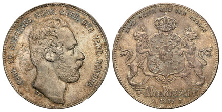 1082922 SWEDEN. Carl XV Adolf. 1867 ST AR Riksdaler Specie, 4 Riksdaler Riksmynt. NGC MS65.  38mm. 33.90gm. CARL XV SVERIGES... Head right / Crowned arms with supporters, date and value below. KM 711; Davenport 356; dDelzanno 10.

Please use this ...