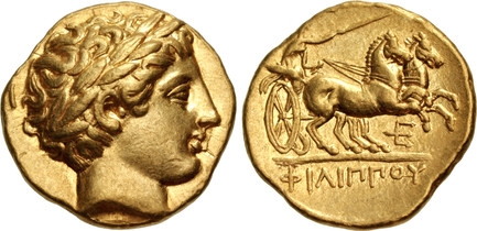 1083830 GREEK. KINGDOM OF MACEDON. Philip II. (King, 359-336 BC). Lifetime to early posthumous issue, struck 340-328 BC. AV Stater. NGC Ch. XF (Choice Extremely Fine) Strike 5/5 Surface 4/5.  Pella mint. 18mm. 8.61gm. Laureate head of Apollo right...