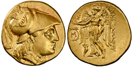 1084603 GREEK. KINGDOM OF MACEDON. Alexander III, 'the Great'. (King, 336-323 BC). Posthumous issue, struck circa 310-297 BC. AV Stater. NGC Ch. XF (Choice Extremely Fine) Strike 5/5 Surface 3/5 Brushed.  Abydus. 18mm. 8.60gm. Head of Athena right...