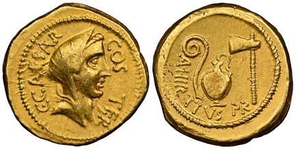 1083466 ROMAN IMPERATORIAL.  Julius Caesar. (Dictator, d. 44 BC). Struck circa 46 BC. A. Hirtius, praetor AV Aureus. NGC Ch. VF (Choice Very Fine) Strike 4/5 Surface 3/5 Brushed.  Rome. 19.5mm. 7.94gm. C • CAESAR - COS • TER. Veiled head of Vesta,...