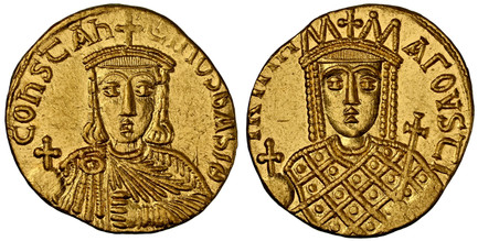 1084613 BYZANTINE.  Constantine VI and Irene. (Emperor, 780-797 AD). Struck 792-797 AD. AV Solidus. NGC MS (Mint State) Strike 4/5 Surface 4/5.  Constantinople. 19mm. 4.50gm. IRIhH-AΓOVStI. Bust of Irene facing, wearing loros and crown with pendil...