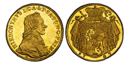 1083169 AUSTRIAN STATES. Salzburg. Hieronymus. 1787 M AV Ducat. PCGS MS62.  3.49gm. HIERON · D · G · A · ... Bust right / Cardinal's hat above mantled shield, crown above, divided date below. KM 463; Fr.-880; Zöttl 3153.

Please use this link to v...