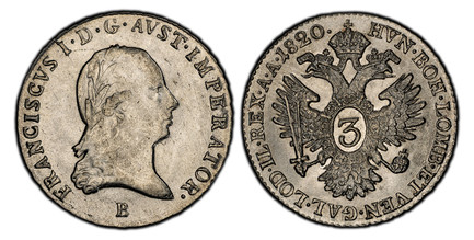 1083165 AUSTRIA. Franz II (I). 1820-B AR 3 Kreuzer. PCGS MS63.  Kremnitz. 1.84gm. Head right / Crowned imperial double eagle. KM 2118; Jaeger 185.

Please use this link to verify the PCGS certification number <a href="http://www.pcgs.com/cert/6126...