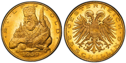 1084150 AUSTRIA. 1937 AV 25 Schilling. PCGS PL66.  Haloed double eagle with Austrian shield on breast, value below / Half figure of St. Leopold, facing 3/4 forward, date at bottom. KM 2856. Prooflike.

Please use this link to verify the PCGS certi...