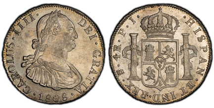 1084135 BOLIVIA. Charles IIII. 1808-PTS PJ AR 4 Reales. PCGS MS62+.  Potosi. CAROLUS · IIII · DEI · GRATIA ·. Laureate bust right / HISPAN · ET IND · REX ·. Crowned arms between pillars. KM 72; Calico 845.

Please use this link to verify the PCGS ...
