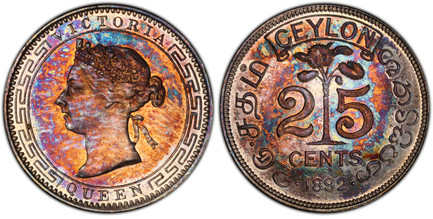 1084022 CEYLON. Victoria. 1892 AR 25 Cents. PCGS PR65.  QUEEN VICTORIA. Head left within circle / Plant divides denomination. KM 95. Proof.

Please use this link to verify the PCGS certification number <a href="http://www.pcgs.com/cert/45921231/">...