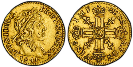 1084156 FRANCE. Louis XIII. 1641-A AV 1/2 Louis d'Or. PCGS AU55.  Paris. Long curl on Louis XIII / Crowned LLs in crucifrom; a lis in each angle. KM 125; Gad-57 Mèche longue; Fr.-411.

Variety with long hair and dot after "IMP".

Please use this l...