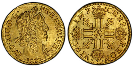 1084624 FRANCE. Louis XIII. 1641-A AV Louis d'Or. PCGS MS61.  Paris. Laureate head with long curl / · CHRS ·  · REGN ·  · VINC ·  · IMP *. Cruciform of crowned LLs; a lis in each angle. KM 104; Fr.-410; Gad.-58 (Star after "IMP" variety).

Please ...