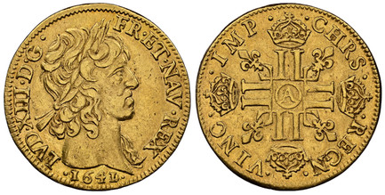 1084625 FRANCE. Louis XIII. 1641/0-A AV Louis d'Or. NGC AU53.  Paris. Laureate head with short curl / Cruciform of crowned LLs; a lis in each angle. KM 105; Fr.-410; Gad..58.

Please use this link to verify the NGC certification number <a href="ht...